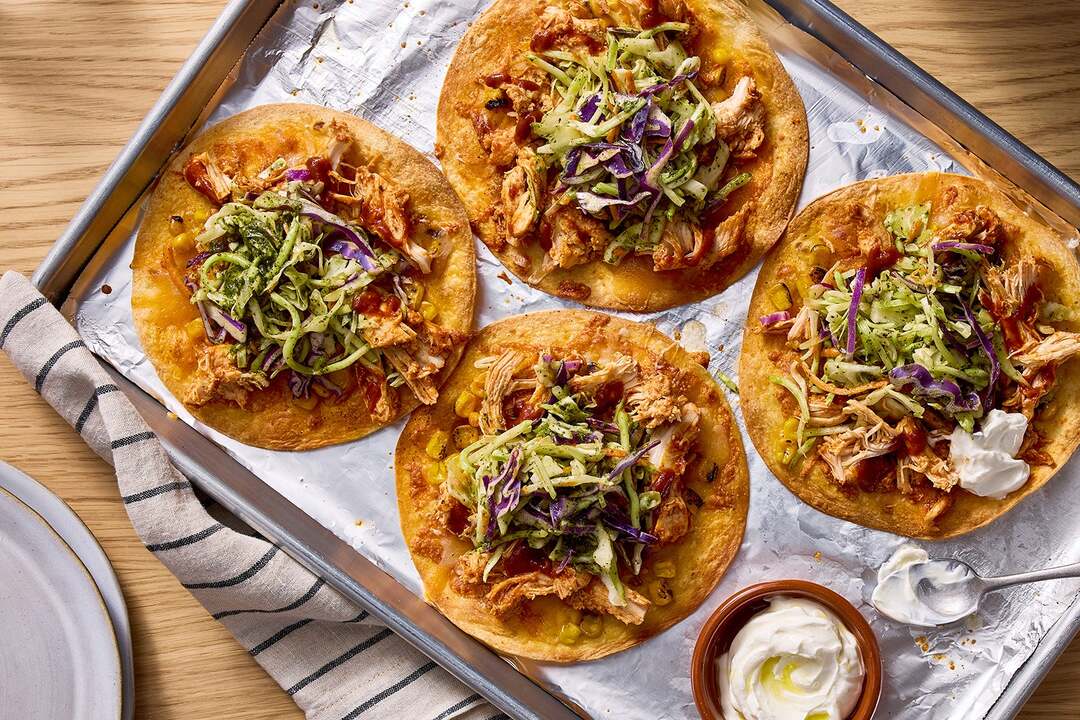 Sheet Pan Cheesy Pulled Chicken Tostadas