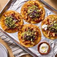 Sheet Pan Cheesy Pulled Chicken Tostadas