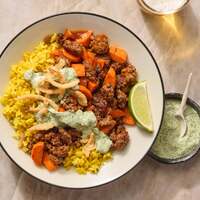 Beef over Curry-Spiced Rice