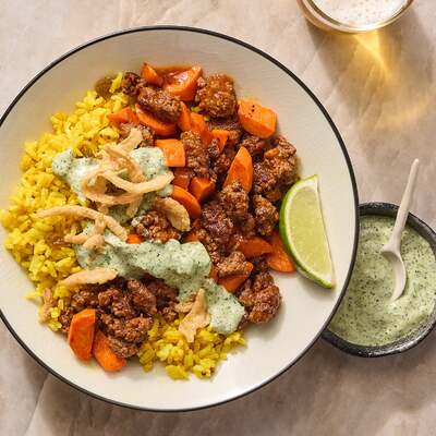 Beef over Curry-Spiced Rice