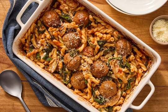 Spicy Sausage Meatball & Pasta Bake