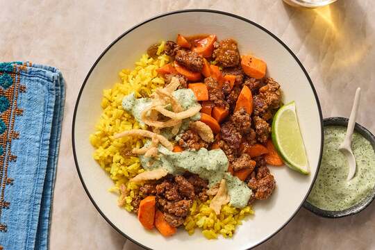Beef over Curry-Spiced Rice