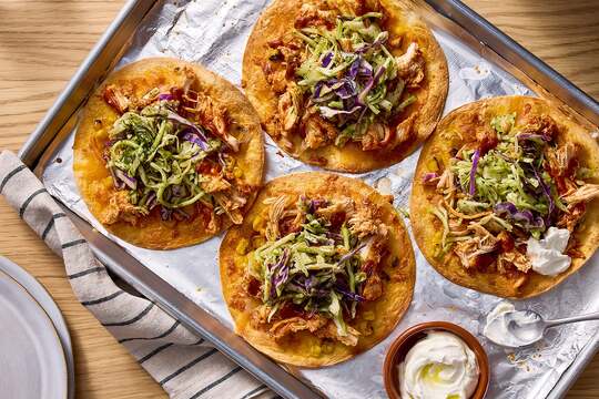 Sheet Pan Cheesy Pulled Chicken Tostadas