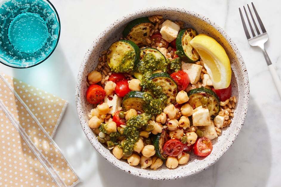 Pesto Chickpea Farro Bowls